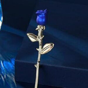 Blue Long Stem Rose Flower Brooch Lapel Pin